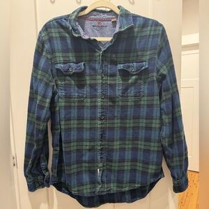 Woolrich Men’s Large Blue Green Plaid Flannel Button Up Long Sleeve Pockets